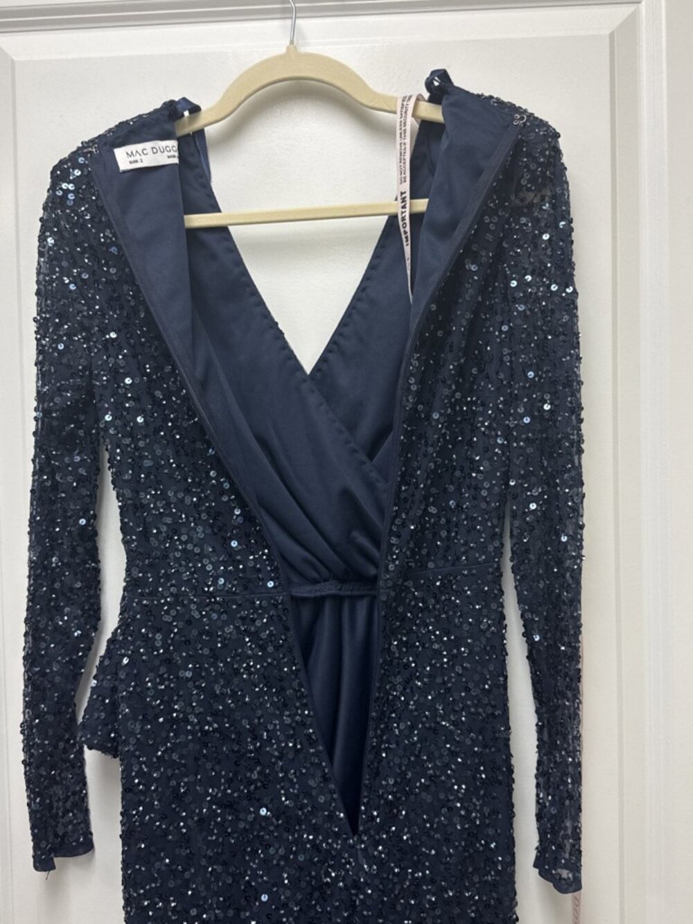 Mac Duggal Size 2 Navy 10558 Sequined Wrap Bow Cocktail Midi Long Sleeve Dress - Picture 9 of 12